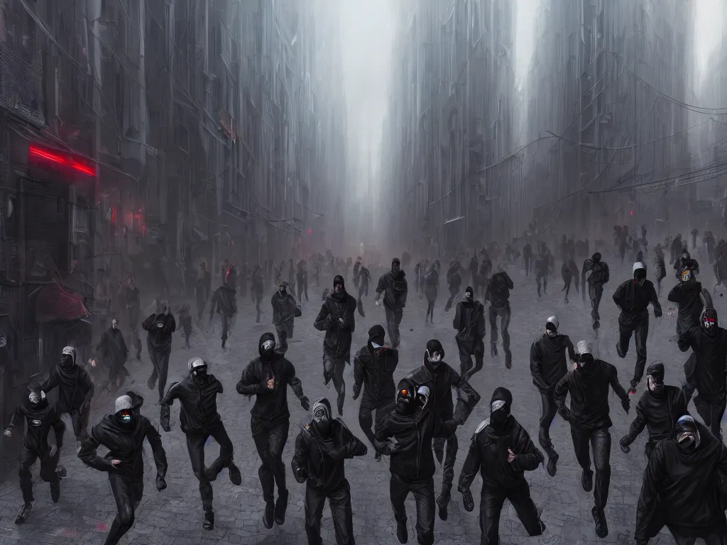 Prompt: a hyperrealistic matte painting of a group of rebellious hackers, clothed in techwear, running through the streets of a dystopian city, matte painting, intricate detail, polished, concept art, trending on artstation