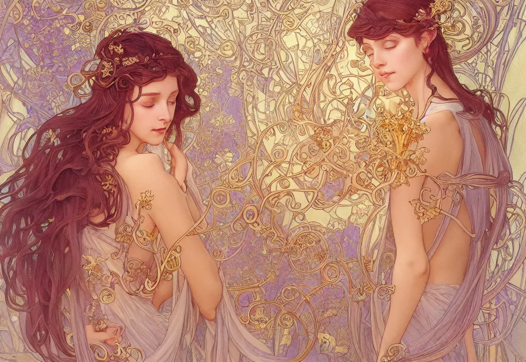 Prompt: angel, highly detailed, very intricate, art nouveau, gold filigree, romantic storybook fantasy, soft cinematic lighting, award - winning, disney concept art watercolor illustration by mandy jurgens and alphonse mucha and alena aenami, pastel color palette, featured on artstation