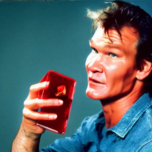 Image similar to patrick swayze eating! a cola cube, high quality photograph,