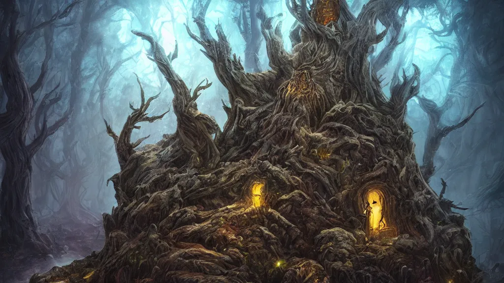 Prompt: old gods in the depths of Stump House mountain, dreamscape, dramatic lighting, fantasy art illustration, trending on artstation, Aetherpunk