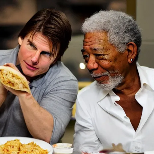 Image similar to tom cruise and morgan freeman eating a burrito in jail, hyper realistic, photo, photo studio, news paper, hyper detailed, smooth,