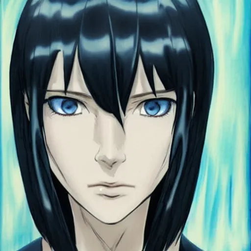 Image similar to « portrait, attractive, blue eyes, black hair, middle length hair, ghost in the shell, front view, kj, manga »