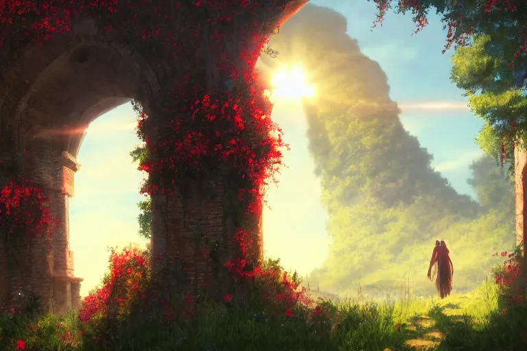 Prompt: broken arches leading to the pillars of eternity draped with red flowers and vines, blue sky, lens flare, a sense of mystery, cinematic, ultra detailed, intricate, sharp focus, trending on artstation, 8K, Makoto Shinkai style