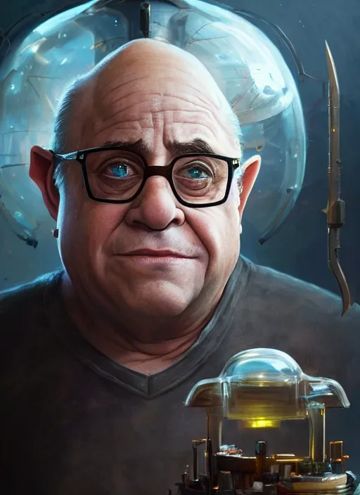 Image similar to Portrait of Danny Devito biopunk scientist with elven ears, He is working on trinkets on a table, realistic, detailed, 4k by Greg Rutkowski Mark Arian trending on artstation