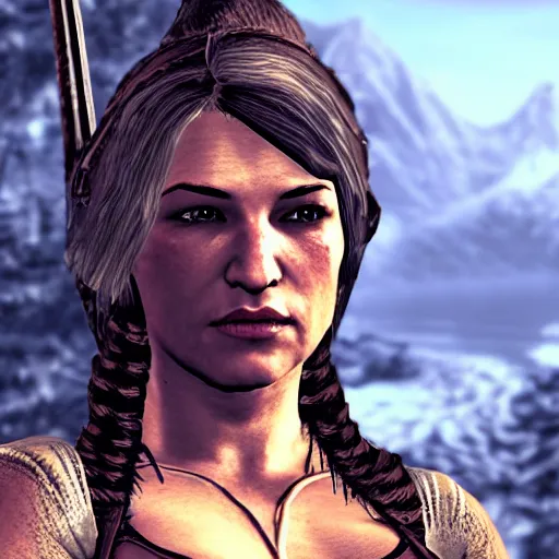 Prompt: character screenshot of cute miesha tate in skyrim, sexy female armor, ps 3 graphics, dialog, wilderness, 1 0 8 0 p, bokeh, elder scrolls v, detailed, dialog text