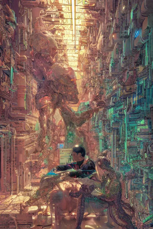 Image similar to the most amazing dream you ever had about beautiful woman transhumanism artificial intelligence singularity, hyper realistic, concept art, intricate, hyper detailed, smooth, jim lee, high contrast, neon, volumetric lighting, octane, raytrace, geof darrow, moebius, snowcrash