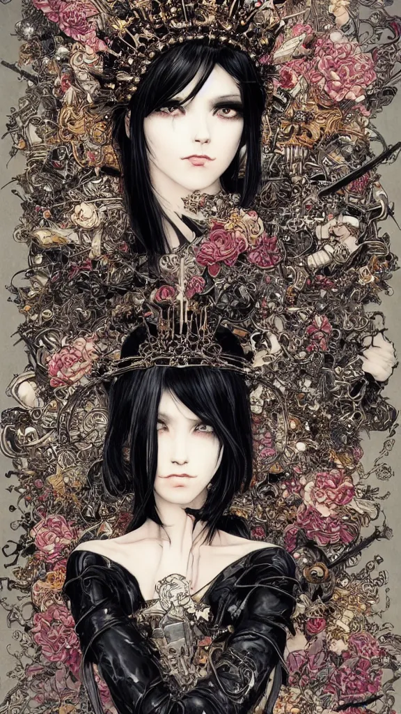 Image similar to cyberpunk fashion a beautiful black haired woman with pale skin and a crown on her head sitted on an intricate metal throne skin wrapped in flowers and wired, vintage style, by yoichi hatakenaka, masamune shirow, josan gonzales and dan mumford, ayami kojima, takato yamamoto, barclay shaw, karol bak, yukito kishiro