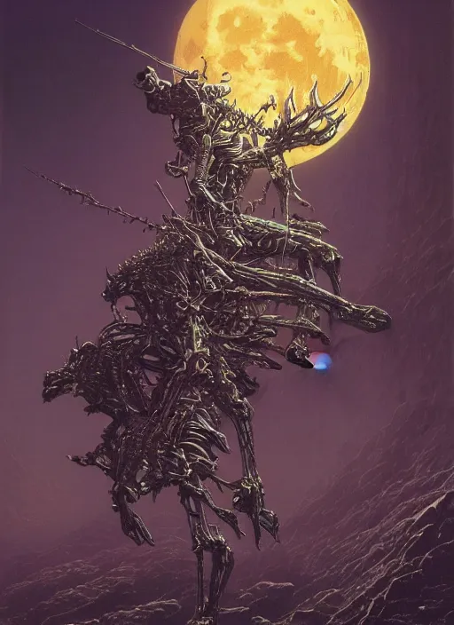 Image similar to blockchain headquater alie bishop by zdzislaw beksinski, ralph bakshi and hajime sorayama. spiky bones everywhere, the moon is big as a the night, high fashion, intricate details, by james jean, hd, 8 k, trending on artstation, uhd