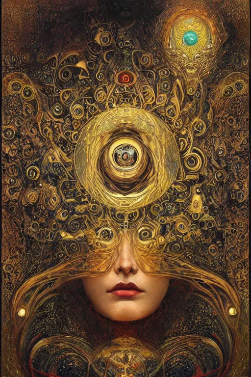 Image similar to Divine Chaos Engine by Karol Bak, Jean Deville, Gustav Klimt, and Vincent Van Gogh, sacred geometry, visionary, mystic, spiritual, fractal structures, ornate gilded medieval icon, third eye, spirals