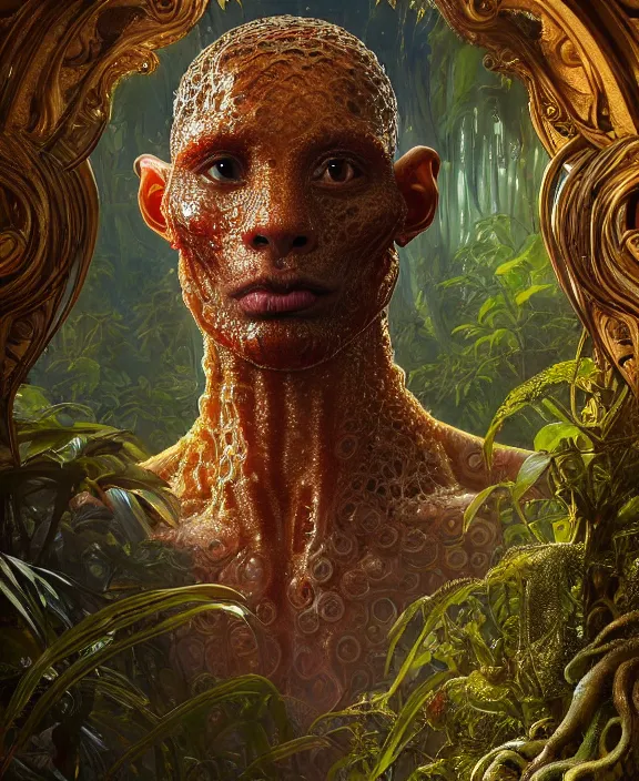 Image similar to intricate ornate opulent transparent clear see - through lava portrait of a terrifying beautiful male alien rat, mottled coloring, adorable, childlike, overgrown jungle environment, ultra realistic, concept art, art nouveau, photorealistic, octane render, 8 k, unreal engine. art by christopher marley and artgerm and greg rutkowski and alphonse mucha