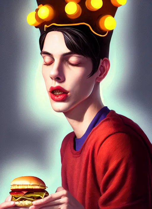 Image similar to portrait of jughead jones, eating a hamburger, wearing a crown, eyes closed, intricate, elegant, glowing lights, highly detailed, digital painting, artstation, concept art, smooth, sharp focus, illustration, art by wlop, mars ravelo and greg rutkowski