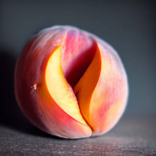 Image similar to a macro photo of a round peach's dry hairy skin, hyper realistic, hyper detailed, 35mm, very grainy film, pink volumetric studio lighting, bokeh, black background award winning shot, vogue magazine, cinematic, 8k, very closeup, elegant, tender, pastel