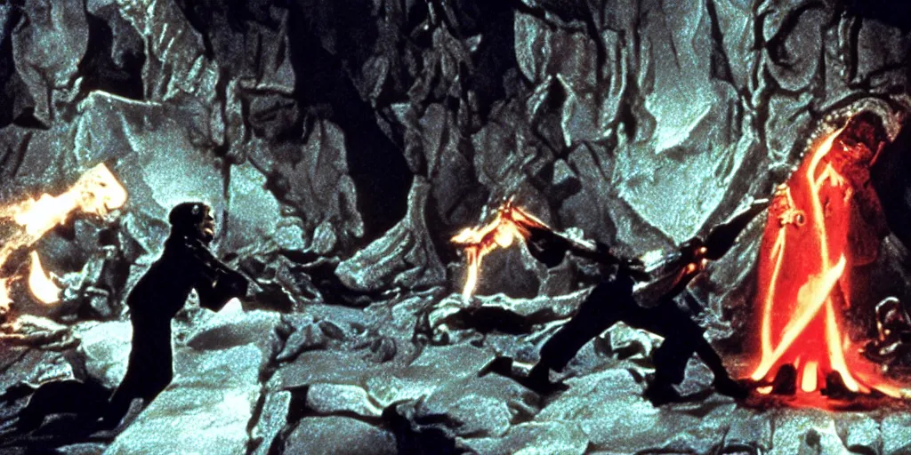 Prompt: A full color still from a Stanley Kubrick film featuring a Balrog in Moria, practical effects, 35mm, 1975