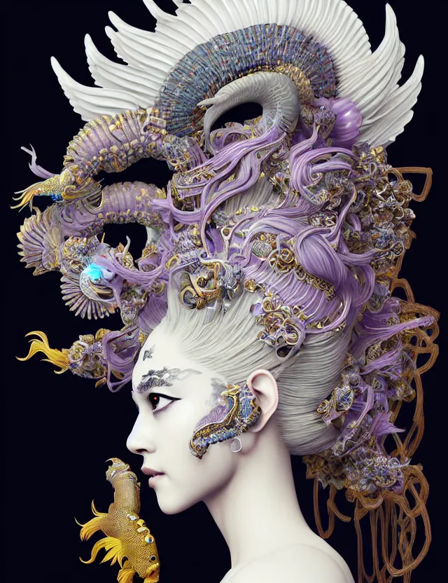 Prompt: 3 d goddess close - up profile simple portrait baroque queen with mohawk with ram skull. beautiful intricately detailed japanese crow kitsune mask and clasical japanese kimono. betta fish, jellyfish phoenix, bio luminescent, plasma, ice, water, wind, creature, artwork by tooth wu and wlop and beeple and greg rutkowski