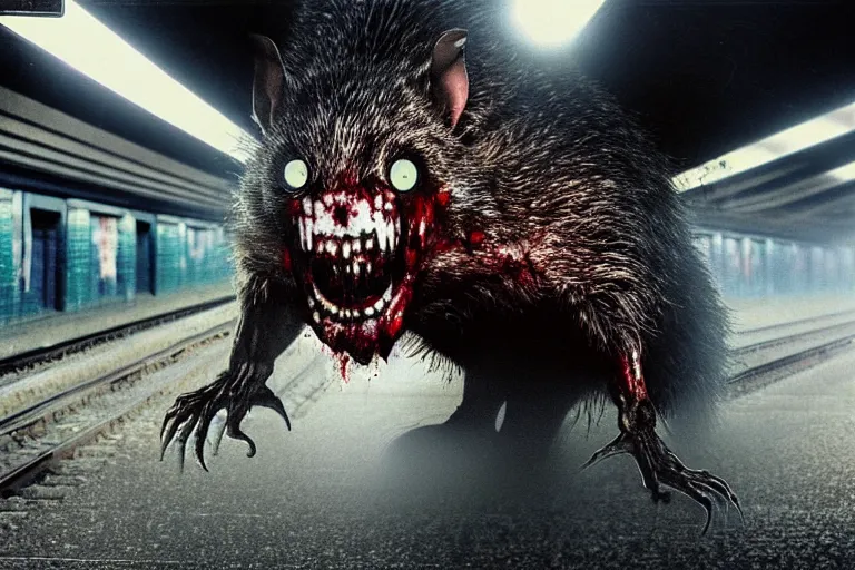 Image similar to very large giant mutant zombie irradiated ( angry rat ) staying on railways in tonnel of moscow subway. tonnel, railways, giant angry rat, furr, fangs, claws, very realistic. fog, extreme long shot, herman nitsch, giger.