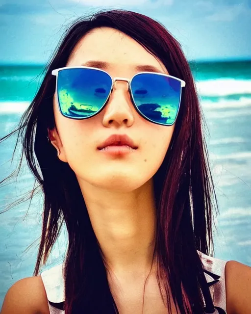 Image similar to low angle iphone HDR photo of beautiful swag Iwakura Lain as a fit slender surfer wearing rayban shades in Florida, 35mm, cinematic, trending on Instagram, trending on ArtStation, by WLOP, 8k, 4k, HD