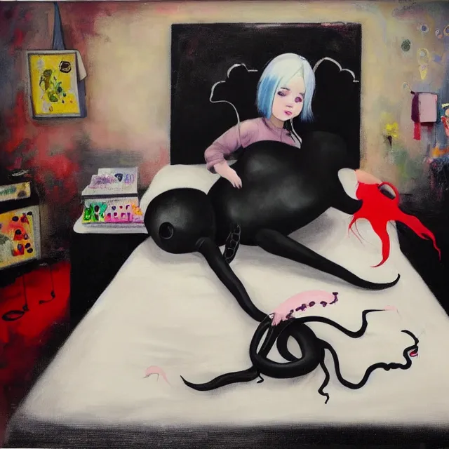 Prompt: a portrait in a female artist's bedroom, black walls, emo girl riding an inflatable pig, sheet music, berries, surgical supplies, pancakes, black flowers, sensual, octopus, neo - expressionism, surrealism, acrylic and spray paint and oilstick on canvas