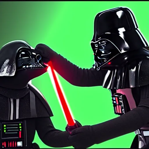 Image similar to Darth Vader battles Kermit the Frog in a Lightsaber duel, cinematic, 8k