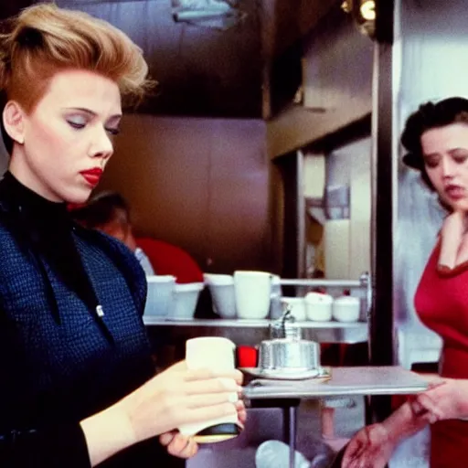 Image similar to Scarlett Johansson serving coffee at the double r diner in Twin Peaks (1990)