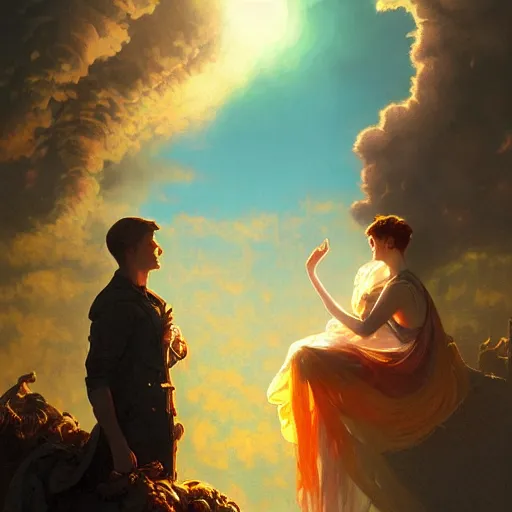 Image similar to a young couple watching a nuclear explosion, romantic, mushroom cloud, uplifting, happy, apocalytic detailed digital matte painting by artgerm, greg rutkowski and alphonse mucha