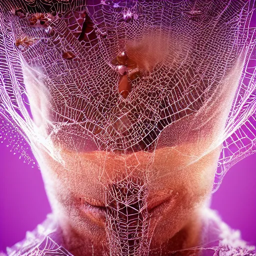 Image similar to symmetrical features, magical realism, texture, intricate, ornate, royally decorated, follicle, tiny sticks,small insects, water drops,sap,spider web, purple veins, whirling smoke, embers, red adornements, radiant colors, trending on artstation, volumetric lighting, micro details, 3d sculpture, ray tracing, 8k