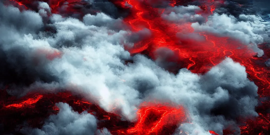 Image similar to a churning, boiling, fiery red sea with lots of smoky black and red steam, fantasy digital art, octane render, beautiful composition, trending on artstation, award-winning photograph, masterpiece