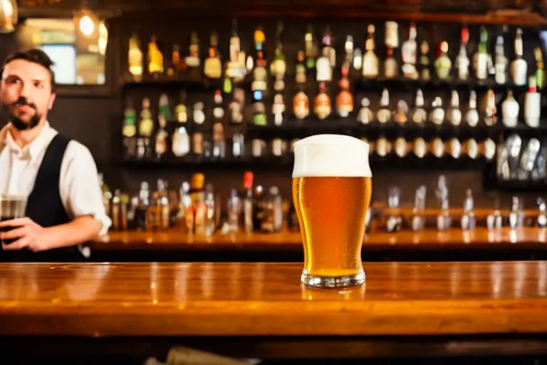 Image similar to a anthropomorphic pint of beer, customer, waits to be served by the bartender