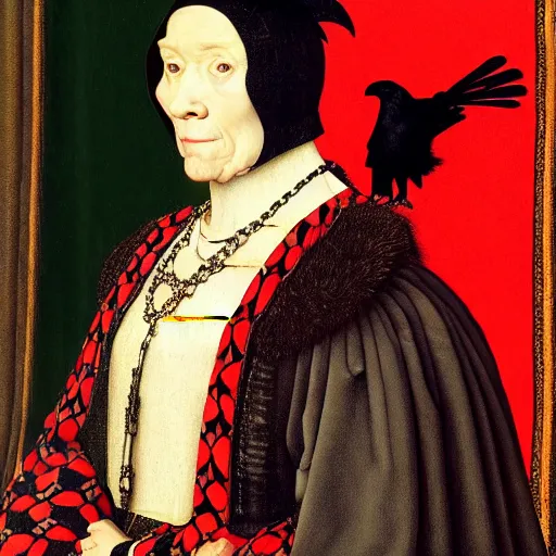 Image similar to a highly detailed portrait of a raven, wearing elegant tudor clothes, inside a room with thick red tapestries, by hans holbein