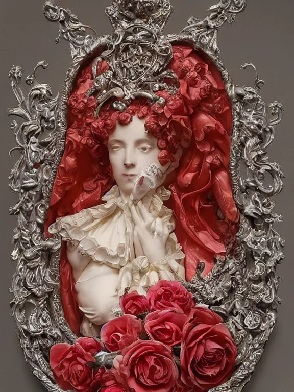 Image similar to a beautiful portrait render of a recatholic rococo roses veiled red queen sculpture,with baroque symmetry intricate detailed ,heart,pray,love,crystal-embellished,by Daveed Benito,LEdmund Leighton,Virginie Ropars,aaron horkey,Billelis,trending on pinterest,hyperreal,gold,silver,ivory,maximalist,glittering,golden ratio,cinematic lighting