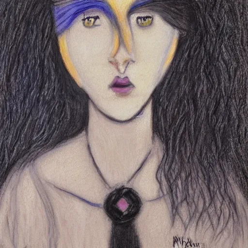 Prompt: a woman with long hair and a black shirt, a pastel by minerva j. chapman, tumblr contest winner, cubism, goth, gothic, messy