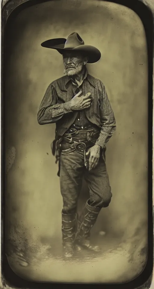 Prompt: a wet plate photograph, a portrait of an old cowboy
