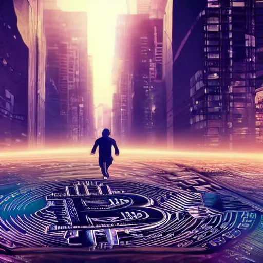 Image similar to people running away from cryptocurrency scared, bitcoin evil, cyberpunk art ultrarealistic 8k