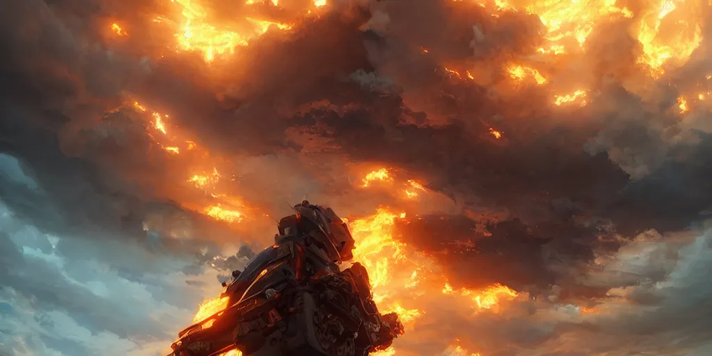 Prompt: Fire clouds, cinematic shot, epic, volumetric lighting, made by Stanley Artgerm Lau, WLOP, Rossdraws, ArtStation, CGSociety, concept art, cgsociety, octane render, trending on artstation, artstationHD, artstationHQ, unreal engine, 4k, 8k,