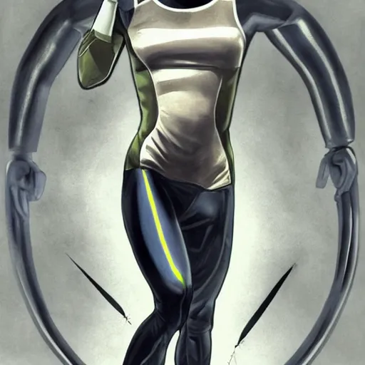 Image similar to Trinity the matrix, Female sprinter in athletic attire with cyborg legs, metal body, diesel punk, athletic footage, 1960's olympics, artstation, hyperdetailed, art deco stadium, painting by sargent