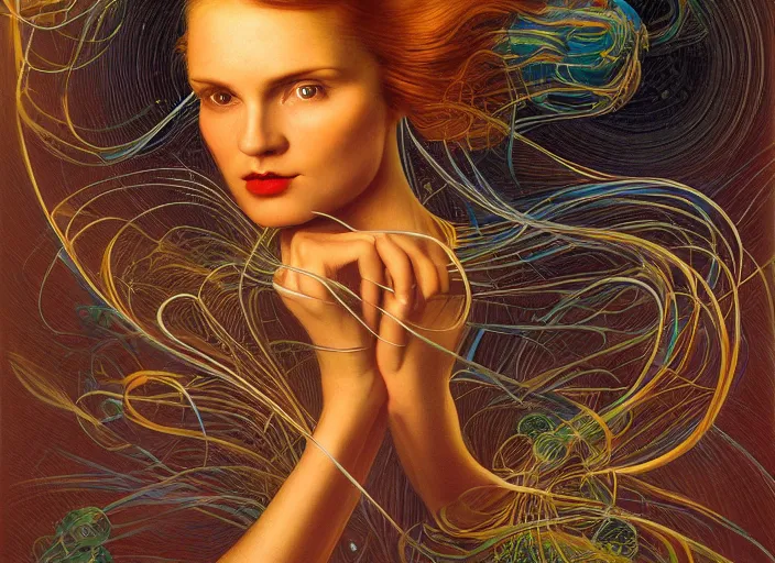 Prompt: portrait of a woman with swirling hair, illustration by James C. Christensen, retrofuturism, reimagined by industrial light and magic