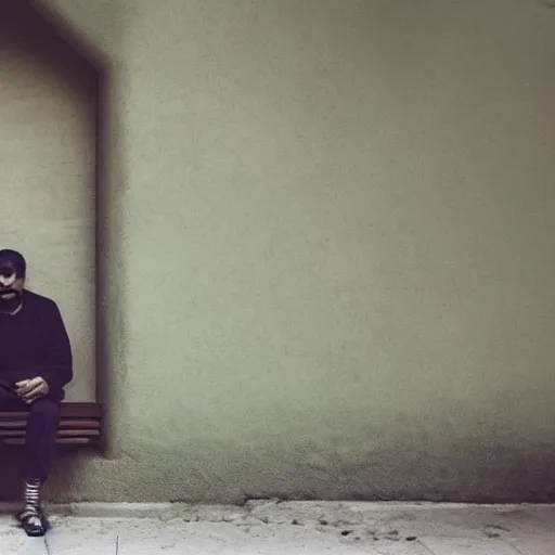 Image similar to a man sitting on a bench in front of a building, a character portrait by kamal ud - din behzad, featured on unsplash, neo - primitivism, matte photo, photo taken with ektachrome, studio portrait