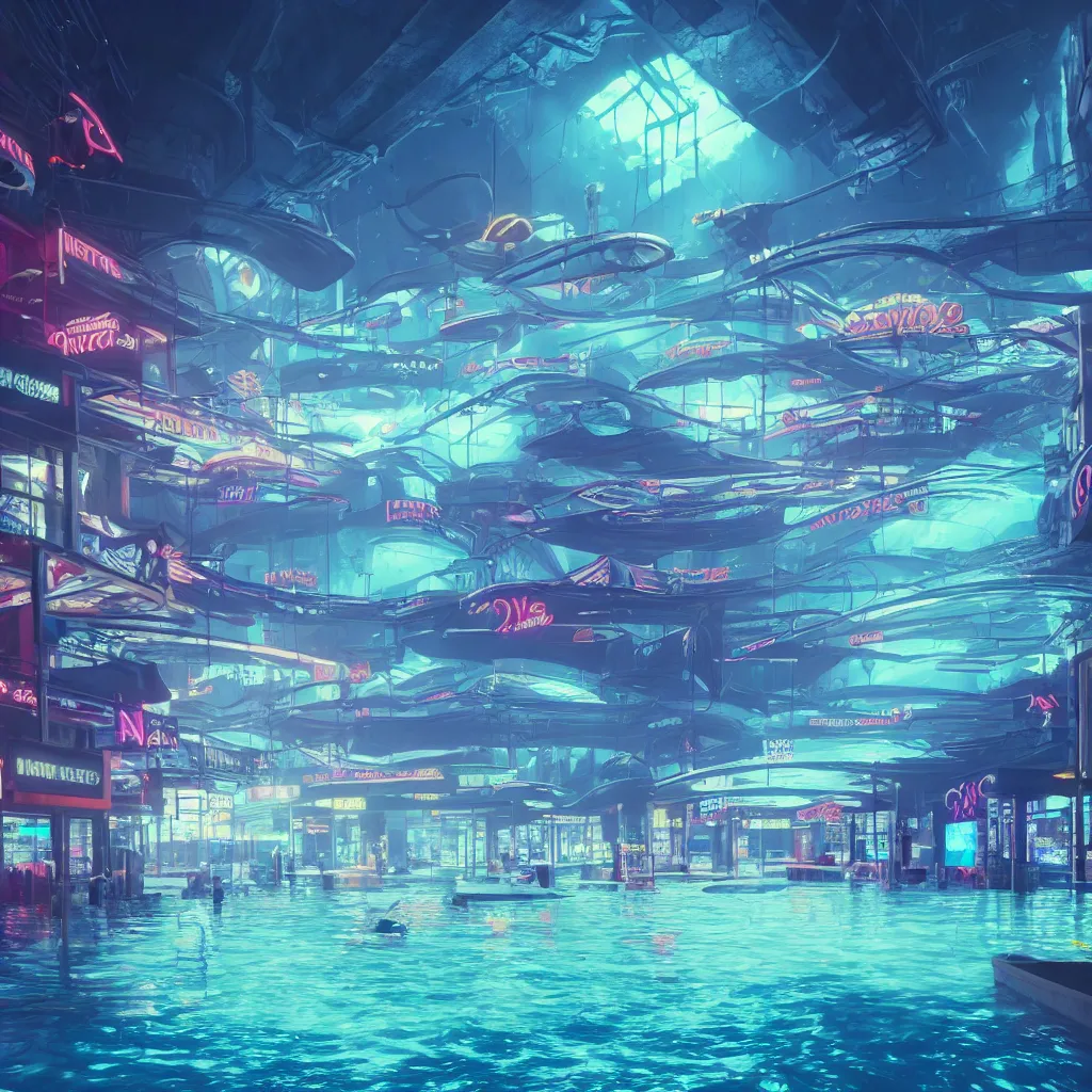 Prompt: a professional concept art of a neon mall, flooded, low lighting, underwater, completely submerged, diving shot, crepuscular rays, designed by john j park, cinematic camera shot, trending on artstation, extremely detailed, perfect studio quality, cgi
