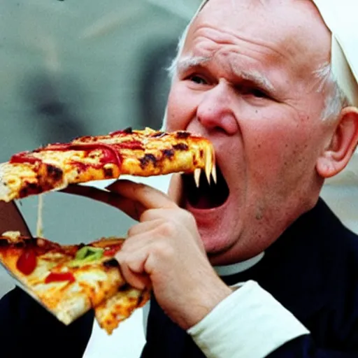 Image similar to john paul ii screaming at pizza