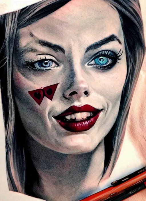 Image similar to tattoo design of margot robbie as harley quinn with a little smile, holding ace card, in the style of den yakovlev, realistic face, beautiful face, black and white, realism tattoo, hyper realistic, highly detailed