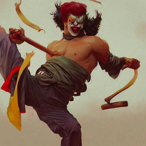 Prompt: martial art clown, dynamic pose, fighting highly detailed, digital painting, artstation, concept art, matte, sharp focus, illustration, art by Artgerm and Greg Rutkowski and Alphonse Mucha