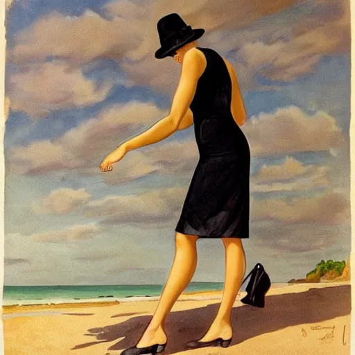 Image similar to woman in black dress on the beach, pretty face, black shoes, leyendecker style