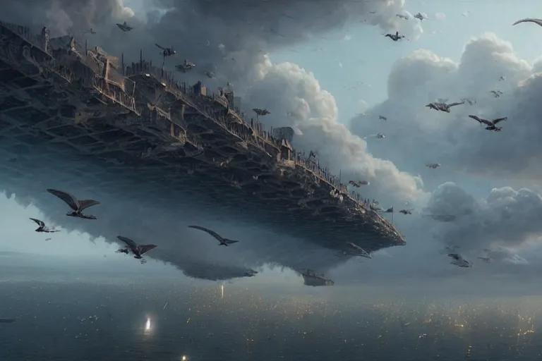 Image similar to people FLYING ON BIRDS, over the ocean, towards a GIGANTIC wall, protecting the city from black mist, cinematic, greg rutkowski, detailed, intricate