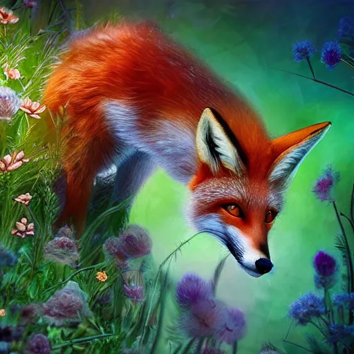 Image similar to Photorealistic magical fox with flowers. Hyperdetailed photorealism, 108 megapixels, amazing depth, glowing rich colors, powerful imagery, psychedelic Overtones, 3D finalrender, 3d shading, cinematic lighting, artstation concept art