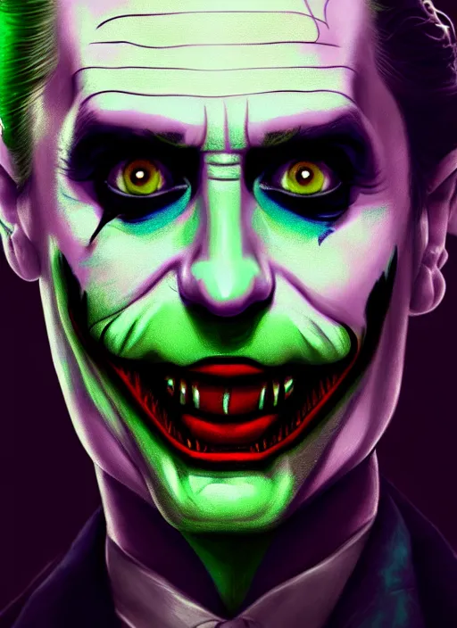 Image similar to portrait of jared leto as the joker, green hair, intricate, elegant, glowing lights, highly detailed, digital painting, artstation, concept art, sharp focus, illustration, art by wlop, mars ravelo and greg rutkowski