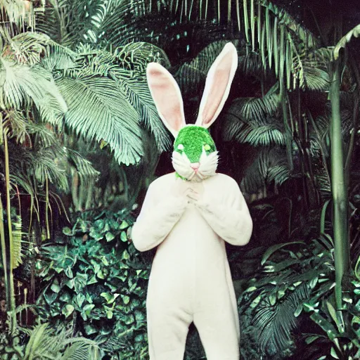 Prompt: grainy head to shoulder portrait Polaroid film photograph of a man wearing a bunny costume in a tropical greenhouse. looking at the camera!!. super resolution. Extremely detailed. Polaroid 600 film. by Annie Leibovitz and Richard Avedon