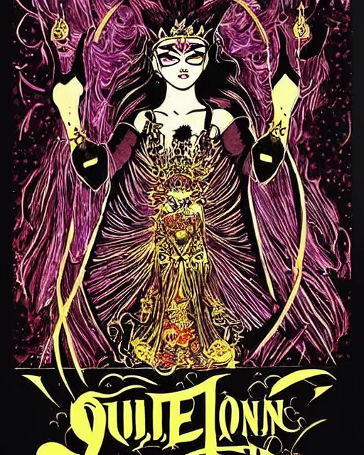 Prompt: a movie poster of vulvina queen of ecstasy, a queen and death, tarot, jewels, by saul bass!!!!, by yoshitaka amano, graphic design, flat color, solid color, poster, tonalism
