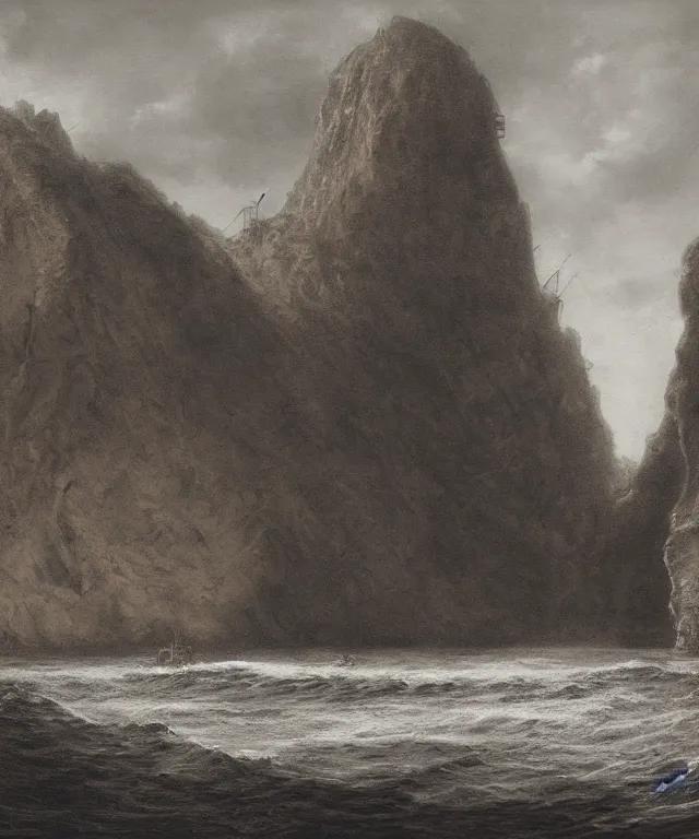 Image similar to photorealistic sepia painting of a pirate ship sailing in front of a tropical island cliff with the mouth of a grotto at the waterline, dark, brooding, atmospheric, lovecraft, by dave dorman