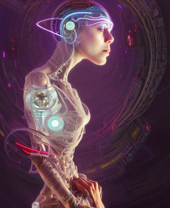 Image similar to a whirlwind of souls rushing inside the metaverse, hologram, half body, neurochip, shaved temple, piercing, jewelry, android, cyborg, cyberpunk face, by loish, d & d, fantasy, intricate, elegant, highly detailed, colorful, digital painting, artstation, concept art, art by artgerm and greg rutkowski and alphonse mucha