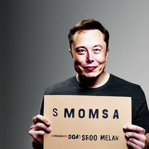 Image similar to a medium shot photograph of elon musk holding a sign with the word SOON SOON SOON SOON' on it, 4k, ultra HD