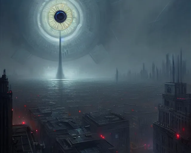 Prompt: 'The Great Eye Watches All', a digital painting of a great city being watched over by an all-seeing malevolent AI, a sci-fi digital painting by Greg Rutkowski and James Gurney, trending on Artstation, foreboding atmosphere, highly detailed